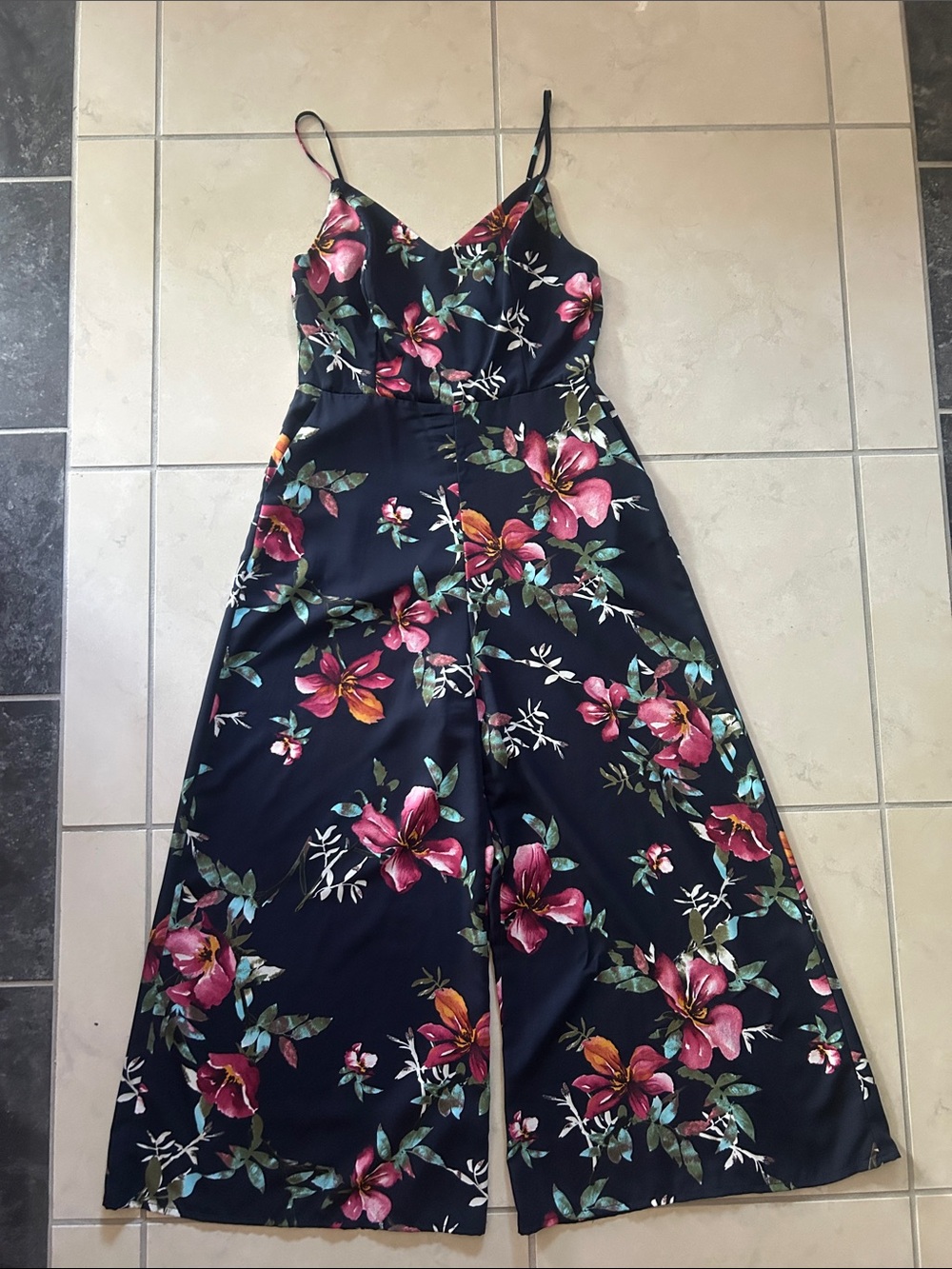 Blue Blush Navy Floral Wide-Leg Jumpsuit with Pink Blooms size Medium